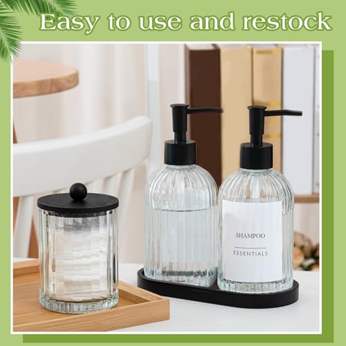 Yaomiao 5 Pack Glass Bathroom Accessories Set, Clear Striped Soap Dispenser, Toothbrush Holder, Cotton Swab Jars with Lids and Vanity Tray for Modern Sink Countertop Decor - color: Clear, style: Striped