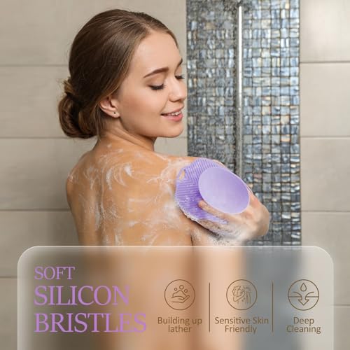 Soft Silicone Body Scrubber, Gentle Like a Hand Exfoliating Your Skin and Build Up Lather Easily, Back Large Suction Cup Easy to Store, Long-Lasting & Deep Clean (Purple) - color: Purple