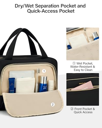 Hanke Hanging Travel Toiletry Bag for Women, Water-Resistant Makeup Organizer with Hook, Cosmetic Bag for Bathroom & Travel Essentials Accessories, Black - color: Black