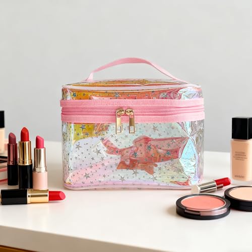 Waterproof Red Star Print PVC Makeup Bag with Handle - 8.66 * 5.51 * 5.51 inch Travel Cosmetic Organizer for Women Men Toiletry Pouch (Red Star-L) - color: Red Star-L