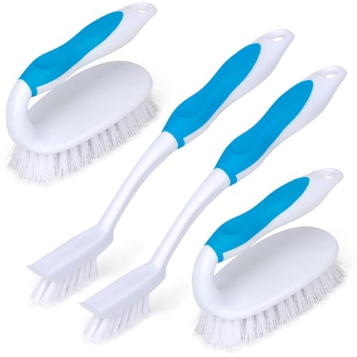 Scrub Brush Set, 4 Pack Deep Cleaning Brush Kit - 2 Scrub Brush, 2 Tile & Grout Brush with Built-in Scraper, Household Commercial Scrubber for Floor, Shower, Pool Wall, Tub (Blue) - color: Blue