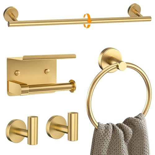 Brushed Gold Bathroom Hardware Set 5 Pieces Towel Bar Set Round Towel Holder Set for Bathroom,Upgraded Toilet Paper Holder with Shelf,Stainless Steel Wall Mounted 23.6 Inch - color: Gold