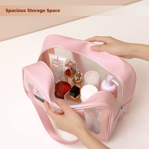 DAPOWER Travel Toiletry Bag for Women, Matte Translucent Toiletry Bag with Handy Handle, Makeup Cosmetic Organizer Bag for Travel Toiletries Accessories (Pink) - color: Pink