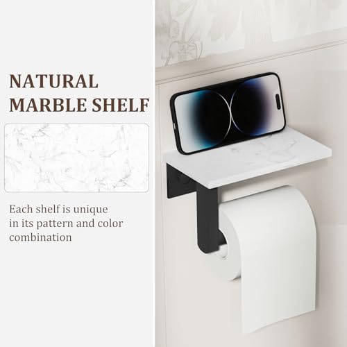 BWE Matte Black Toilet Paper Holder with Marble Shelf, Toilet Paper Roll Holder Wall Mounted, Toilet Paper Roll Holder with Phone Shelf 304 Stainless Steel Tissue Holder for Bathroom Washroom - color: Black