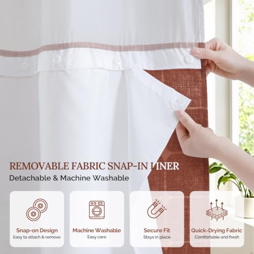 Farmhouse Shower Curtain with Snap-in Liner, No Hooks Needed Fabric Shower Curtains with Tassels for Rustic Bathroom Decor, with Window,with Magnets,Water Repellent&Machine Washable,Orange,71x74Inch - color: Orange-window, size: 71"W x 74"L (Pack of 1)