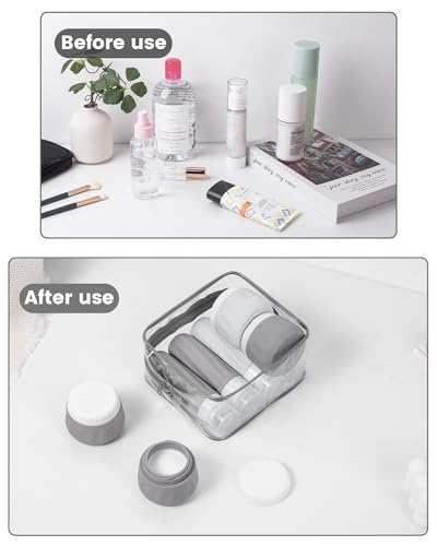 Mrsdry Travel Size Toiletries 8 Pack, TSA Approved 3oz Silicone Squeeze Bottles & Cream Jars with Clear Travel Bag - color: Proper Gray, size: 3oz bottle 3oz jar