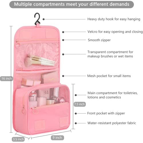 Hanging Travel Toiletry Bag for Women, Water-resistant Makeup Bag Cosmetic Organizer for Traveling Accessories Toiletries (Pink) - color: Pink