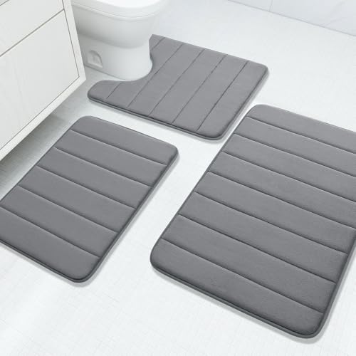 Buganda Memory Foam 3 Pieces Bathroom Rugs Set - Thick Soft Absorbent Bath Mats, Washable Small/Large/Contour Bath Rugs (24" x 16" + 30" x 20" + 24" x 20", Grey) - color: Grey, size: 24" X 16" + 30" X 20" + 24" X 20"