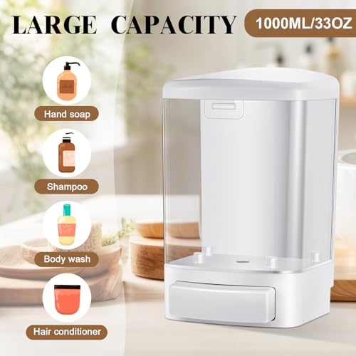 Hushee 2 Pcs Commercial Soap Dispenser Hand Wall Mounted Bathroom 33.8oz/1000ml Manual Soap Dispenser Liquid Containers with Pump White Shower Plastic Wash Wall Container Shampoo Gel for Kitchen Hotel - color: White, size: 33.8 oz 1000 ml