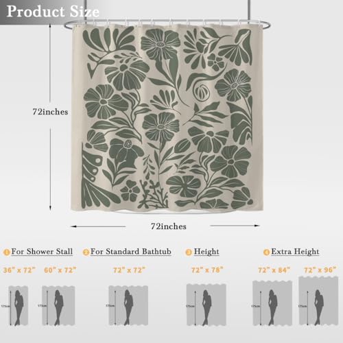 Sage Green Boho Floral Shower Curtain, Botanical Leaf Flower Pattern for Modern Farmhouse Bathroom Decor, 72x72 inch Polyester Fabric, 12 Hooks - color: Green, size: 72"W x 72"L (Pack of 1)