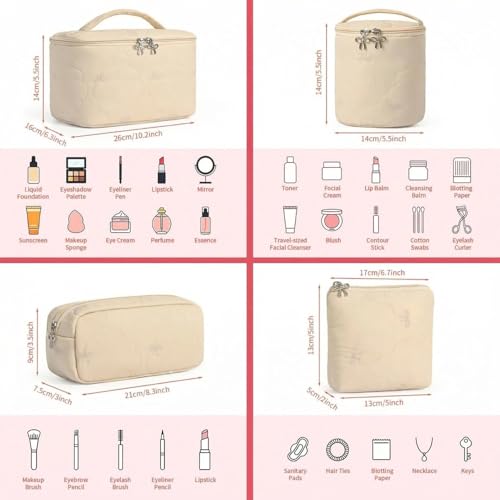 4Pcs Quilted Makeup Bag Set, Cute Bowknot Puffy Makeup Bag Toiletry Bag w/ Bow Zipper Travel Essentials Large Water-Resistant Travel Makeup Bag Versatile Cosmetic Organizer Pouch for Women Girls - color: Khaki