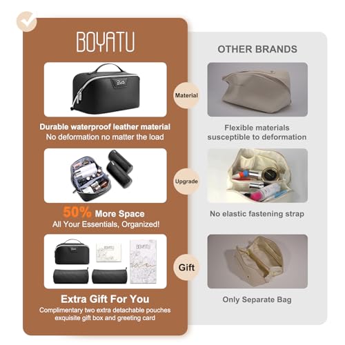 BOYATU Travel Makeup Bag Cosmetic Bags for Women: Large Capacity 3 Pcs Set Make up Bag with Compartments - Waterproof Vegan Leather Toiletry Organizer Bags with Handle (L26Black) - color: L26Black