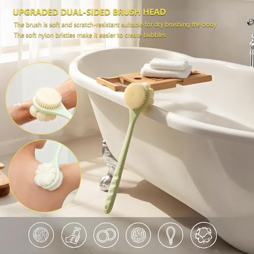 Back Scrubber for Shower, 15.7" Dual-Textured Body Brush with Soft Nylon & Textured Bristles on Long Handle, 2-in-1 Exfoliating and Cleansing Back Washer for Hard to Reach Areas