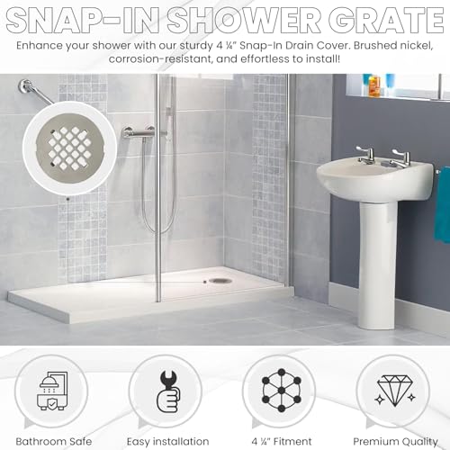 4 ¼” Brushed Nickel Snap-in Shower Drain Cover - Stainless Steel Replacement - 4.25" OD Shower Drain Strainer - Easy Install - Premium Round Shower Drain Cover - Solid Brass Construction - color: Brushed Nickel