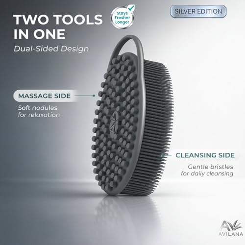 Avilana Silicone Body Scrubber for Shower – SGS Certified Food Grade Dual Sided Bath Brush, Gentle Exfoliating Silicone Loofah Alternative, Sensitive Skin Body Brush (Lavender-Silver, Massage) - color: Lavender-silver, size: Massage