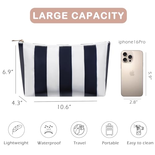 RSRSLEII Large Waterproof Travel Stripe Makeup Bag,Aesthetic PVC Toiletry Bag,Coquette Cosmetic Bag Organizer,Cute Preppy Carry-on Travel Accessories Essentials for Women Girls(Dark Blue) - color: Dark Blue