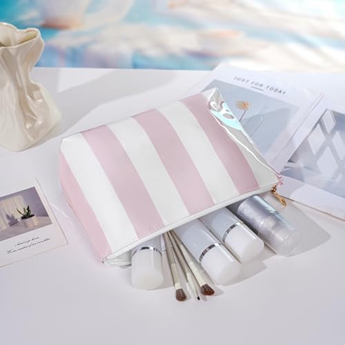 RSRSLEII Large Waterproof Travel Striped Makeup Bag, Aesthetic PVC Toiletry Bag, Coquette Cosmetic Bag, Sunscreen Accessories Storage Organization, Beach Travel Purse(Pink) - color: Pink