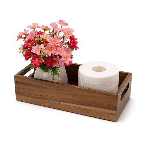 Natural Acacia Hardwood Bathroom Tray with Handles for Organizing Toiletries and Accessories - 12.25L x 6W in on Countertop, Shelf, or Tank Top Storage - size: 12.2" x 6" x 3.3"