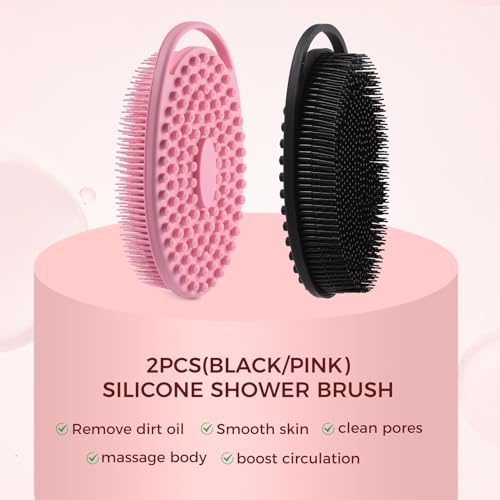 2 Pack Silicone Body Scrubber, Exfoliating Shower Scrubber for All Skin | 2 in 1 dual-sided design, soft bristles and massage bumps side, fast-drying, non-slip handle, for women and men, Black+Pink - color: Black&pink