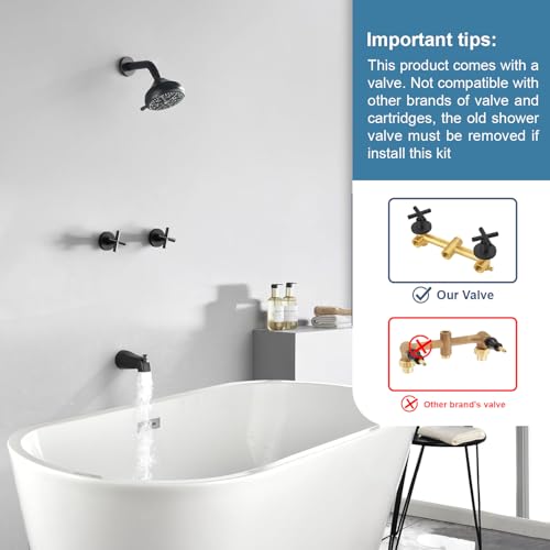 2 Handle Shower Faucet Set with Tub Spout Bathtub Shower Faucet Combo Set Shower System Complete Tub and Shower Trim Kit Matte Black Wall Mounted Shower Fixtures - color: Matte Black