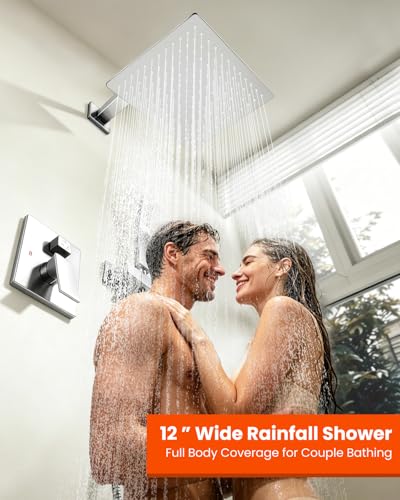 gotonovo Shower System with Tub Spout,Waterfall Tub Shower Faucet Set for Bathroom Head and Handle Set Wall Mounted 3 Function Rough-in Valve and Trim Included 12 inch Shower Head Polished Chrome - color: Polished Chrome, size: 12 inch Shower Head