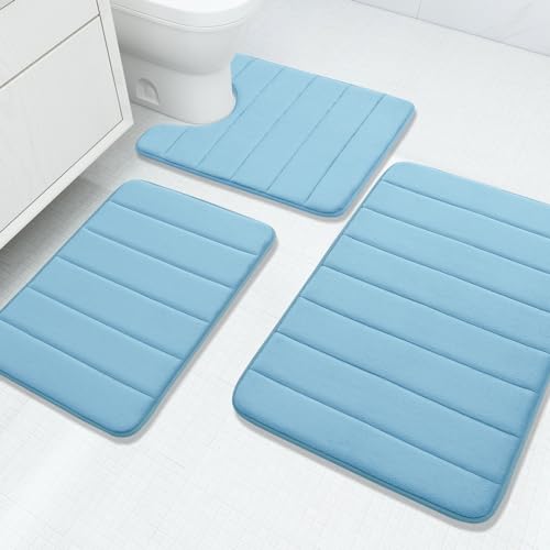Buganda Memory Foam 3 Pieces Bathroom Rugs Set - Thick Soft Absorbent Bath Mats, Washable Small/Large/Contour Bath Rugs (24" x 16" + 30" x 20" + 24" x 20", Blue) - color: Blue, size: 24" X 16" + 30" X 20" + 24" X 20"