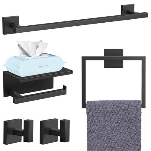 YACVCL 5-Pieces Matte Black Bathroom Hardware Accessories Set 23.6 Inch Towel Bar Set Upgraded Toilet Paper Holder with Shelf Stainless Steel Wall-Mounted Bathroom Hardware Set - color: Matte Black, size: 5Pcs