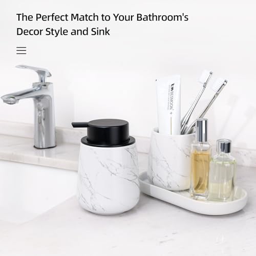 BosilunLife Ceramic Bathroom Accessories Set 3 Pcs, Liquid Soap Dispenser and Toothbrush Holder with Tray, Modern Farmhouse Vanity Decor, Narble Pattern Housewarming Gift (Marble-Liquid) - color: Marble, style: liquid