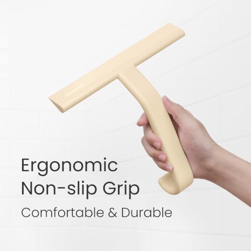 dancemoon JustHang Shower Squeegee for Glass Doors, All-One-Piece Award-Winning Silicone Squeegee with Built-in Hook for Bathroom, Window, Mirror, Tile Wall,Car, Streak-Free Cleaner,10-Inch Sand Beige - color: Sand Beige, size: 10 Inches