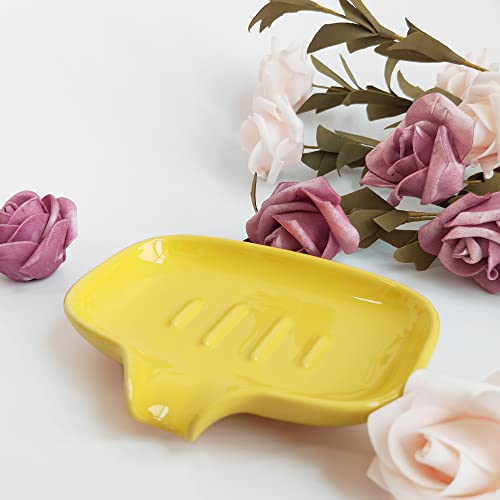 Multi-Color Ceramic Soap Dish for Kitchen or Bathroom, Easy to Clean, Self Draining Soap Holder, Keeps Soap Dry (Yellow) - color: Yellow
