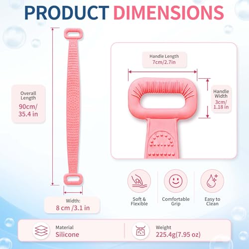 Manmihealth Silicone Back Scrubber for Shower, 36'' Extendable Back Washer with Long Strap Handle, Dual-Sided Silicone Body Brush for Men and Women (Pink) - color: Pink