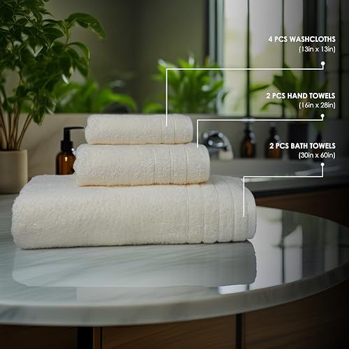 Tens Towels Pack of 8 Towels Set, 2 Extra Large Bath, 2 Hand, 4 Washcloths, 100% Cotton, Lighter Weight, Quicker to Dry, Super Absorbent, Perfect for Bathroom, Cream - color: Cream