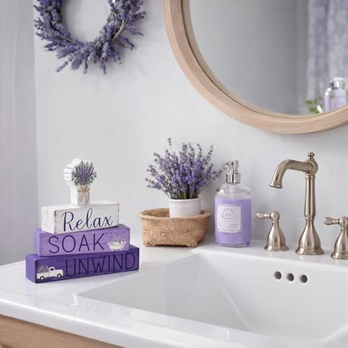 Cinnvoice 4 Pcs Lavender Bathroom Decor Farmhouse Bathroom Decoration Relax Soak Unwind Table Centerpiece Gift for Christmas Valentines Back to School - style: Lavender Relax Soak Unwind