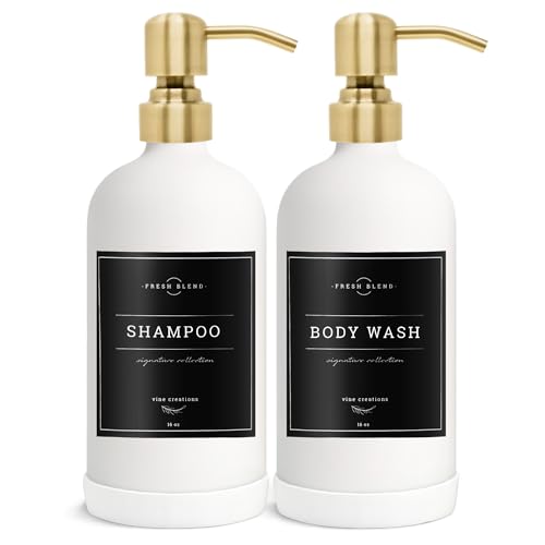 Vine Creations White Glass Soap Dispenser, 2 Pack Kitchen Soap Dispenser Set with Stainless Steel Pump, 16 oz Dish Soap and Hand Soap Dispensers for Bathroom with Waterproof Labels - color: Matte White Bottle / Brushed Gold Pump
