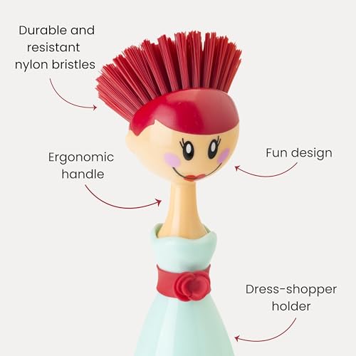 Vigar Dolls Dish Brush With Holder - Kitchen Scrub Brush For Dishes, Dish Scrubbing Brush With Handle, Sink Scrub Brush for Pot and Pan, Dish Brush With Stand, Cute Decorative Doll Design - Green, Red - color: Green, Red