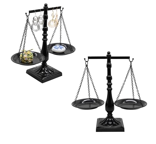 Set of 2 Vintage Metal Libra Jewelry Towers Display with Fixed Beam, Cosmetic Organizer Storage, Scale Centerpiece Stand, Antique Jewelry Storage, Farmhouse Candleholder Display – 7.7“ W x 12.1“ H - color: Black-2