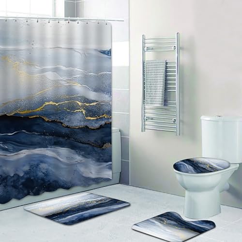 Teal Blue Marble Shower Curtain with Bath Rugs Sets, 4 Pcs Marble Patterns with Gold Lines Bathroom Décor with Toilet Seat Cover, Mats, Absorbent Pedestal Pads and Waterproof Shower Curtains + Hooks - color: Teal