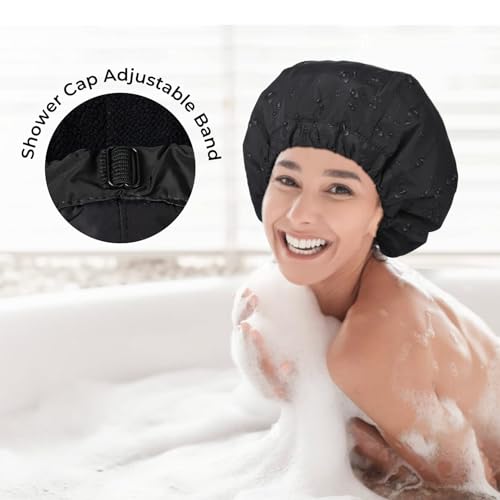 Shower Cap for Women Black Bath Cap, Reversible Large Waterproof Adjustable Shower Caps Terry Lining & Elastic Band Stretch Hem Hair Hat - color: BLACK