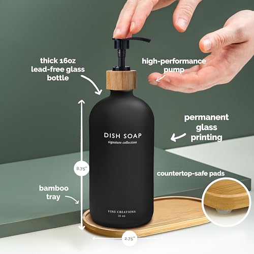 Vine Creations Black Glass Soap Dispenser Set, Hand Soap and Dish Soap Dispenser Set with Bamboo Tray, 16 oz Glass Dispensers Bottle for Kitchen and Bathroom Decor Modern Boho with Bamboo Pump (Black) - color: Black