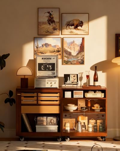 InSimSea 4 pcs Framed Canvas Art, Vintage Rustic Western Cowboy Art Prints, Southwest Landscape Bison Wall Pictures Decor for Living Room Bedroom Hallway, 11x14in,set of 4, Neutral Maximalist Decor - color: Rustic Western