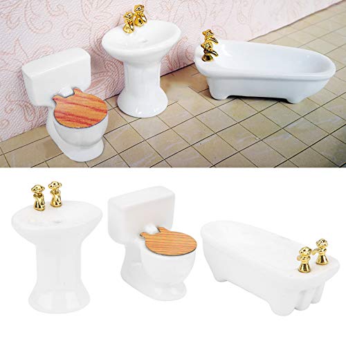 1/24 Dollhouse Miniature Bathroom Set, Simulation Ceramic Dollhouse Bathtub Toilet Sink Kit Dollhouse Furniture Accessories (A)