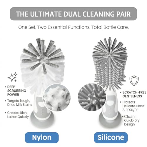 Ariseno 5-in-1 Baby Bottle Cleaner Set, Including Nylon & Silicone Bottle Brush, Cap, Straw & Nipple Brushes, BPA-Free (Grey) - color: Gray-nylon Silicone