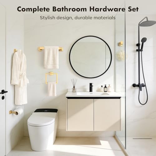 Bathroom Accessory Towel Bar Set: 5 Pieces Gold Bathroom Hardware Square SUS304 Stainless Steel - Wall Mounted Towel Rack&Toilet Paper Holder&Towel Ring and Towel Hook - color: Gold, size: 16inch 5 Pieces