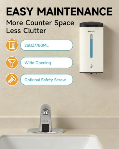 AIKE Classic Automatic Soap Dispenser,25oz for Bathroom,Mattewhite AK1205E | 5-Level Adjustable and Savety Key for Bathroom(4*AA Batteries Not Included),No-drill,Screw Wall mount Design for Space-Saving - color: Mattewhite Stainless Steel