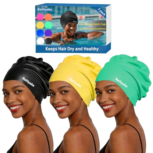 3 Pack Extra Large Swim Cap for Braids & Dreadlocks - Waterproof Silicone Swim Hat for Women with Long Thick Hair, Protective Swim Cap Cover Ears for Swimming, Shower, Bathing - color: Black+Green+Yellow