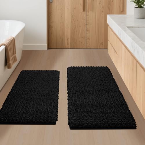 ACCUMTEK Upgrade Luxury 2 Piece Black Toilet Bathroom Rug Mat 32"x20"+24"x17", Ultra Soft Thick Absorbent Bath Mats, Non Slip Chenille Toilet Mat for Bathroom, Bedroom, Kitchen, Shower, Tub - color: Black, size: 32" X 20" plus 24" X 17"