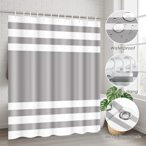 Striped Grey Shower Curtain Set with Toilet Lid Cover and Non-Slip Rugs for Bathroom, Minimalist Modern 4 Pcs Shower Curtain, Neutral Bathroom Set with 12 Hooks - color: Stripes Grey