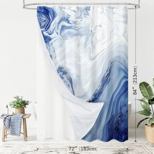 MitoVilla 3 in 1 Extra Long Navy Blue Marble Shower Curtain Set-72 W x 84 H, Modern Ripple Shower Curtain and Waterproof Fabric PEVA Liner Set with 12 Stainless Steel Hooks - color: 3 in 1 - Navy, size: 72"W x 84"L (Pack of 1)
