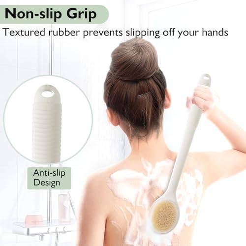VANZAVANZU Back Scrubber for Shower, 17 Inch Long Handle Back Brush, Dual-Sided Bath Brush, Anti-Slip Handle Shower Brush for Wet or Dry Brushing (Cream White) - size: 17 in - Cream White