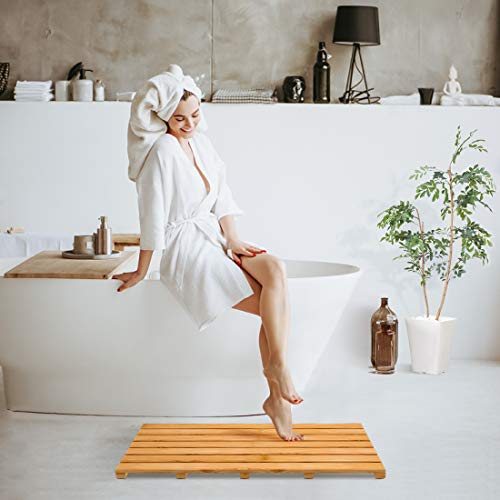 Bamboo Wooden Bath Floor Mat for Luxury Shower - Non-Slip Bathroom Waterproof Carpet for Indoor or Outdoor Use (31.3 x 18.1 x 1.5 Inches) - color: Natural, size: 31.3" x 18.1" (Rectangular)